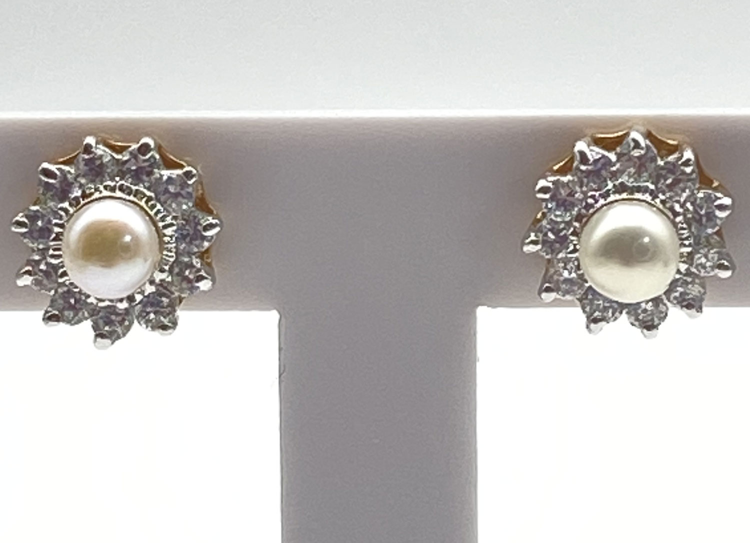 Pre-owned gold and silver-tone pearl rhinestone halo post earrings