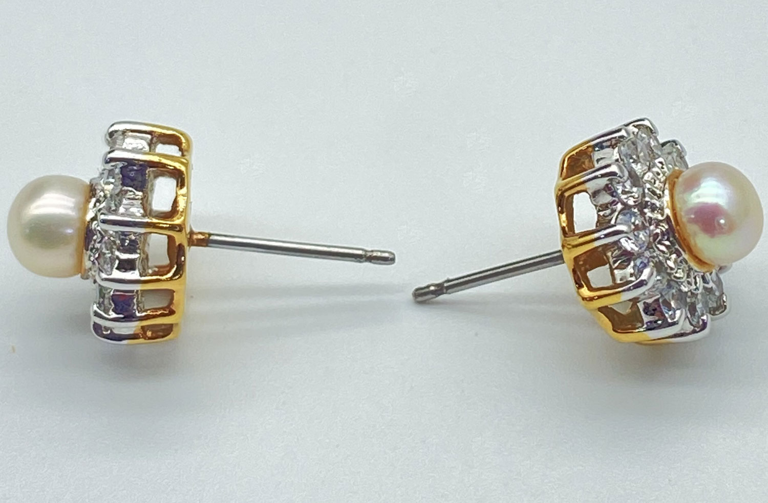 Pre-owned gold and silver-tone pearl rhinestone halo post earrings