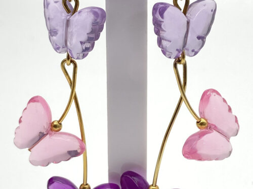 Pre-owned Lucite butterfly earrings with lavender pink and purple butterflies and gold-tone accents