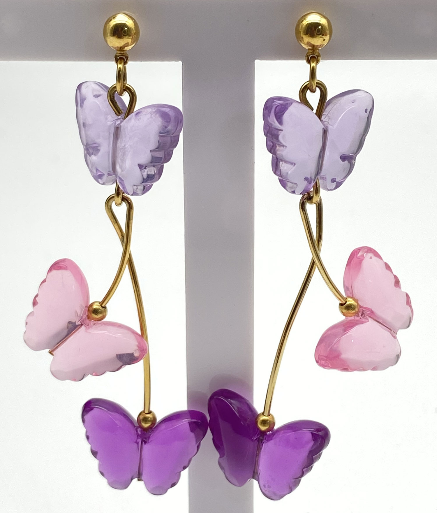 Pre-owned Lucite butterfly earrings with lavender pink and purple butterflies and gold-tone accents