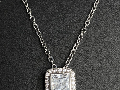 Pre-owned rhodium-plated square cubic zirconia pendant necklace with rhinestone halo