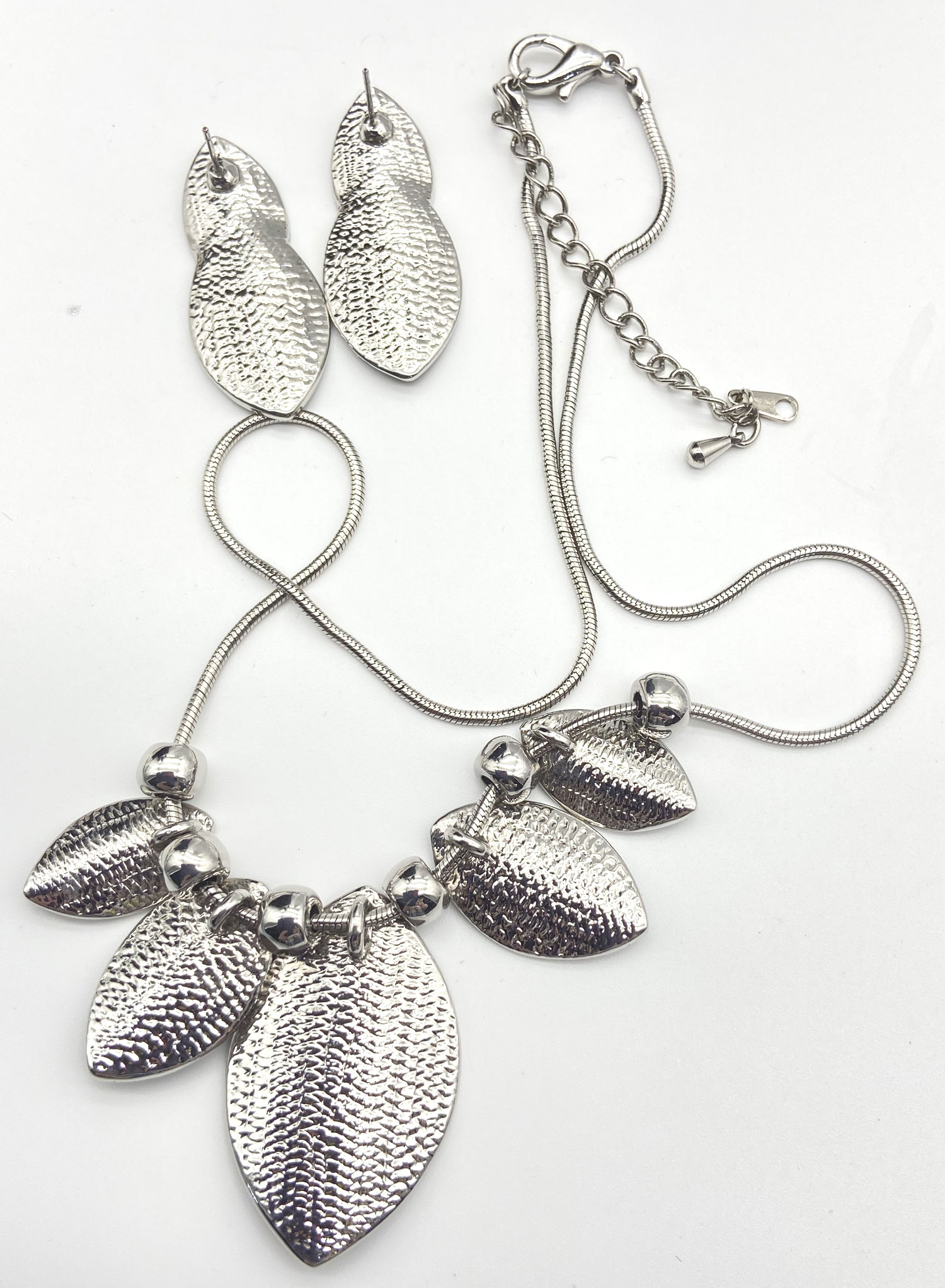 Vintage Korean silver-tone black enamel and gold-sparkle teardrop necklace with matching earrings