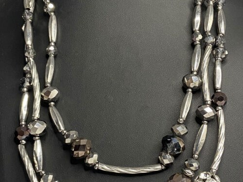 Pre-owned silver-tone 3-strand necklace with black faceted glass beads and tube beads