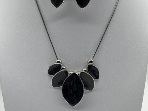 Vintage Korean silver-tone black enamel and gold-sparkle teardrop necklace with matching earrings