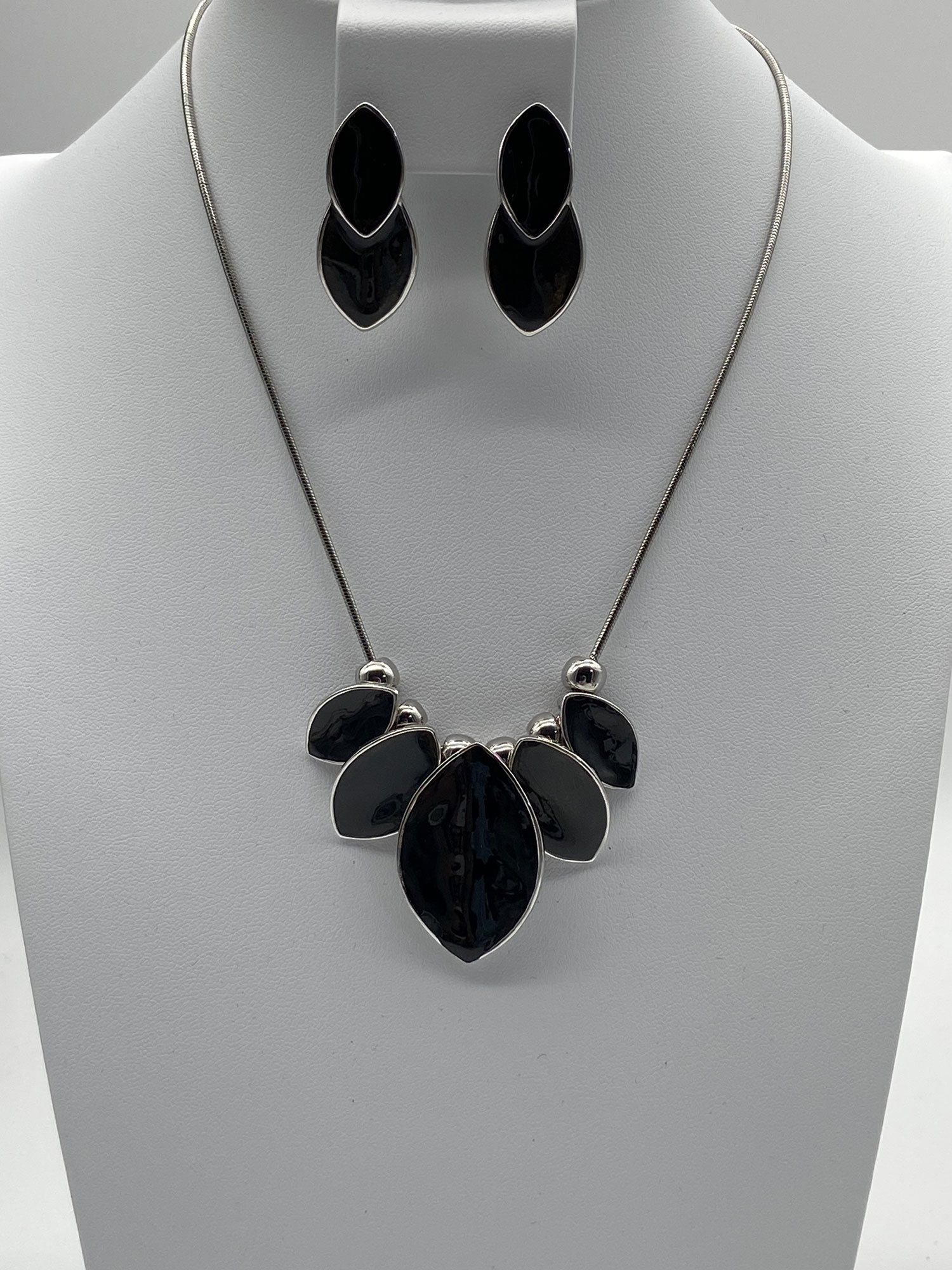 Vintage Korean silver-tone black enamel and gold-sparkle teardrop necklace with matching earrings