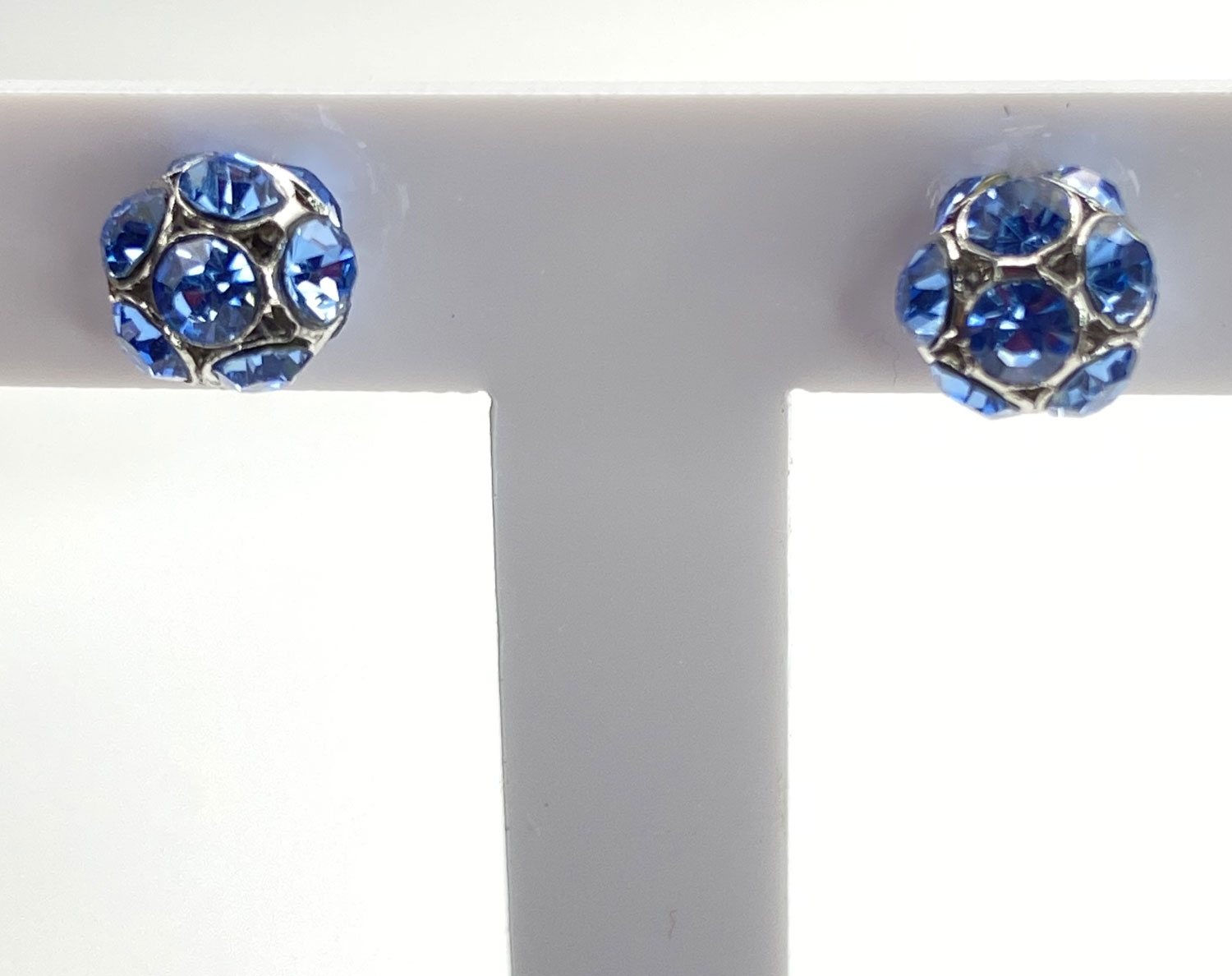 Pre-owned silver-tone blue rhinestone ball post earrings