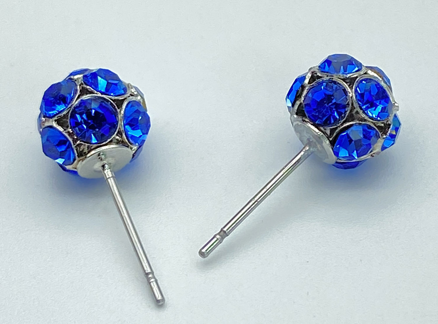 Pre-Owned Silver-Tone Royal Blue Rhinestone Ball Post Earrings