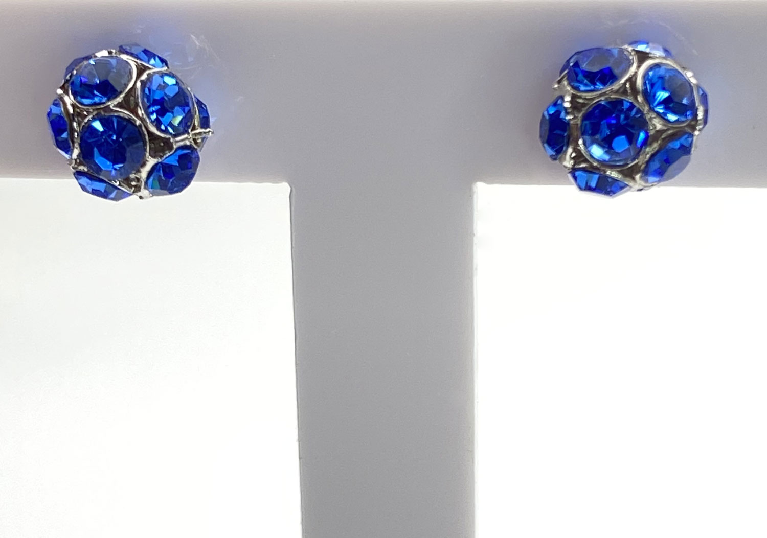 Pre-Owned Silver-Tone Royal Blue Rhinestone Ball Post Earrings