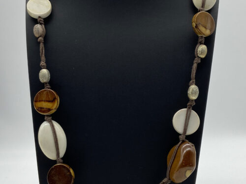 Pre-loved 36-inch acrylic faux ceramic beaded cord necklace in cream and earthy brown tones