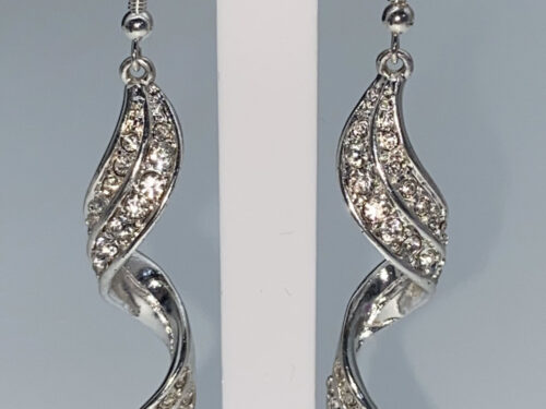 Pre-owned rhodium-plated silver-tone rhinestone spiral drop earrings with new 925 sterling silver ear wires