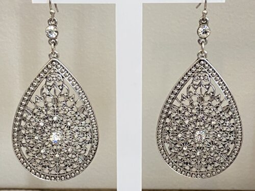 Pre-Owned silver tone filigree rhinestone teardrop earrings