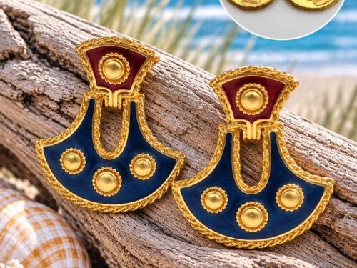 Vintage Simon Chang gold-tone blue and red enamel door knocker earrings