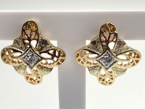 Vintage 18K gold-plated stylized quatrefoil rhinestone post earrings