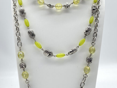Vintage 3-strand silver-tone necklace with apple-green Lucite beads and T-clasp