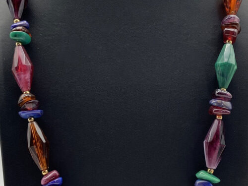 Vintage 22-inch Lucite faux gemstone necklace with colourful faceted blue green red and amber beads