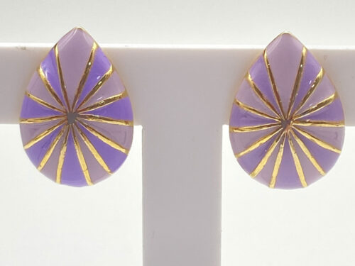 Vintage gold-tone light and dark mauve enamel teardrop post earrings with sunburst design