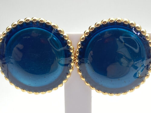 Vintage gold-tone 1-inch round post earrings with royal blue enamel and beaded edge