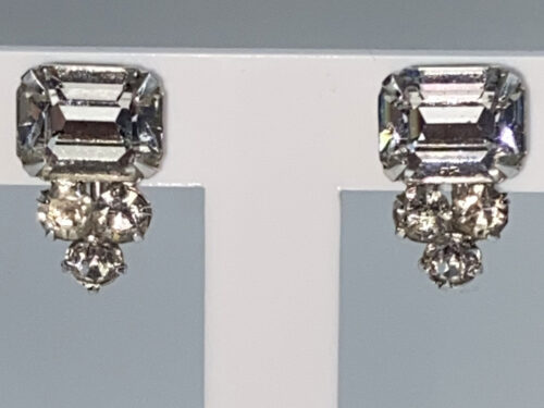 Vintage Sherman silver-tone screw back earrings with rectangular and round clear rhinestones