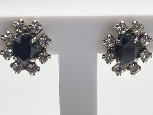 Vintage silver-tone black faceted faux stone with clear rhinestone halo post earrings