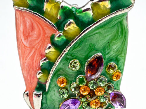 Vintage silver-tone green peach and yellow enamel brooch with multicoloured rhinestone floral accent