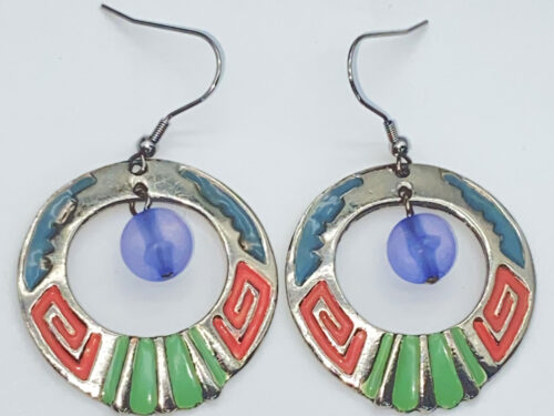 Vintage silver-tone earrings with green and peach enamel and frosted blue beads