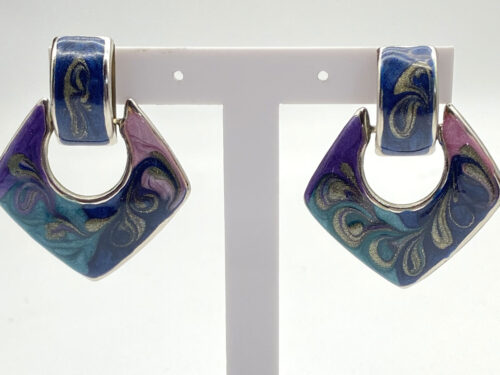 Vintage silver-tone navy blue turquoise and pink swirl door knocker post earrings
