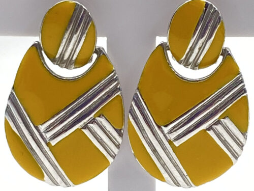 Vintage silver-tone yellow enamel door knocker post earrings with diagonal accents