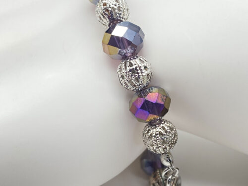 ND Reimagined purple faceted glass bead bracelet with iridescent AB accents, silver-tone filigree beads, and a toggle clasp.