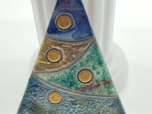 Pre-owned ceramic Christmas tree brooch with textured blue and green sections and five gold-colored circular accents.