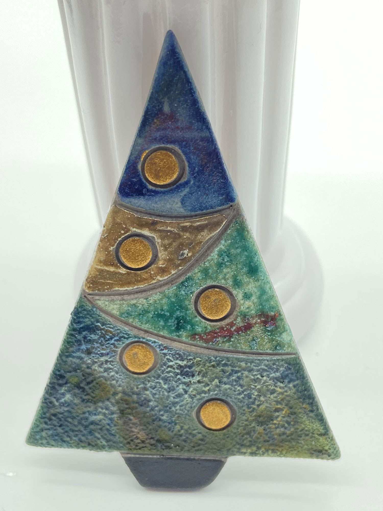 Pre-owned ceramic Christmas tree brooch with textured blue and green sections and five gold-colored circular accents.