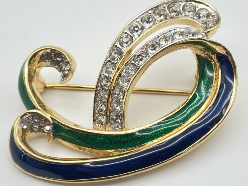 Vintage D'Orlan gold-plated swirl brooch with green and blue enamel and clear Swarovski crystals.